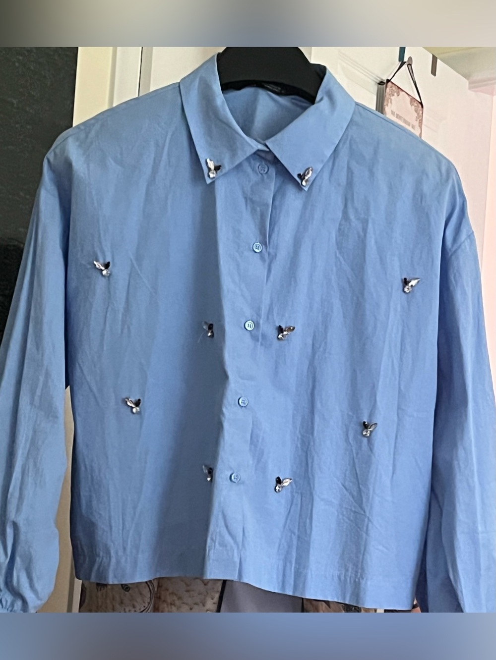 Zara Sky Blue Cropped Button-Down Cotton Shirt with Embellished Bee Accents